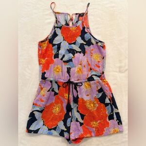 LOFT Petite Floral Romper MP Multicolor Tie Waist Adjustable Spaghetti Straps